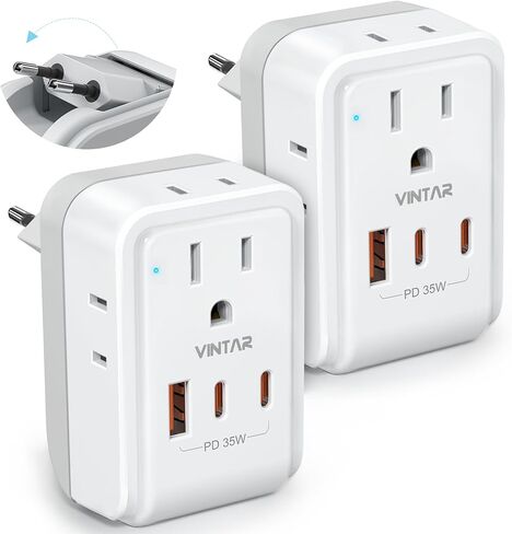 2 Pack Type E F Travel Plug Adapter ، Vintar Germany France Plug Adapter مع 4 منافذ 3 منافذ USB (2USB C) ، محول منفذ كوريا الجنوبية ، محول السلطة Schuko لنا إلى أوروبا إسبانيا اليونان كوريا كوريا in Kuwait