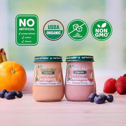 Beech-Nut Organic Fruit & Yogurt Baby Food Jars with Prebiotics, Organic Banana Berry & Yogurt Puree, Stage 2 Baby Food for Babies 6 Months and Up, Non-GMO, 4oz Glass Jars, 10ct in Kuwait