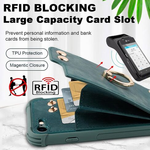 Wallet Case Compatible for iPhone SE 2022/2020,iPhone 7/8 with Card Holder,Shockproof Phone Cover Supports 360°Rotation Ring Stand and RFID Blocking for iPhone SE2/SE3/7/8,Blue Green in Saudi Arabia