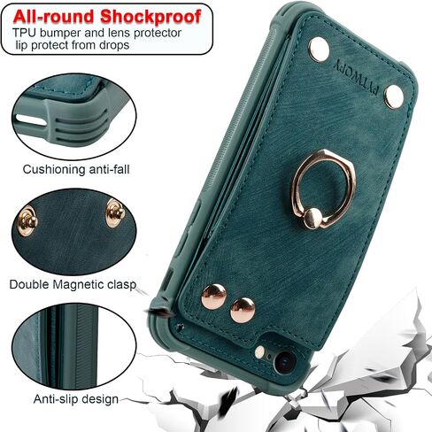 Wallet Case Compatible for iPhone SE 2022/2020,iPhone 7/8 with Card Holder,Shockproof Phone Cover Supports 360°Rotation Ring Stand and RFID Blocking for iPhone SE2/SE3/7/8,Blue Green in Saudi Arabia