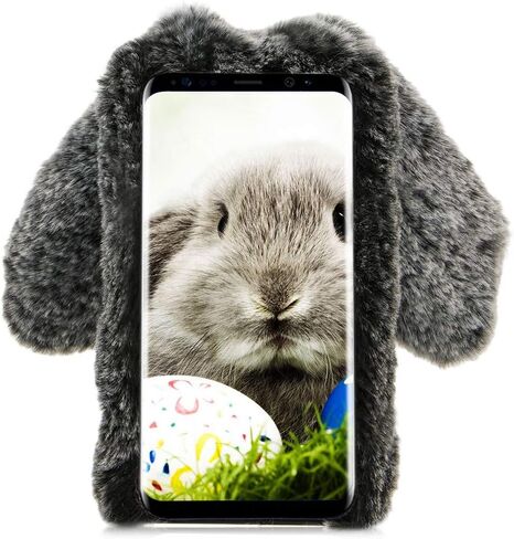 Rabbit Case for Samsung Galaxy S8, Cute 3D Bunny Ears Soft Furry Hairball Fuzzy Winter Warm Faux Fur Plush Fluffy Flexible TPU Bumper Protective Skin Cover for Women Girls - Purple in Kuwait