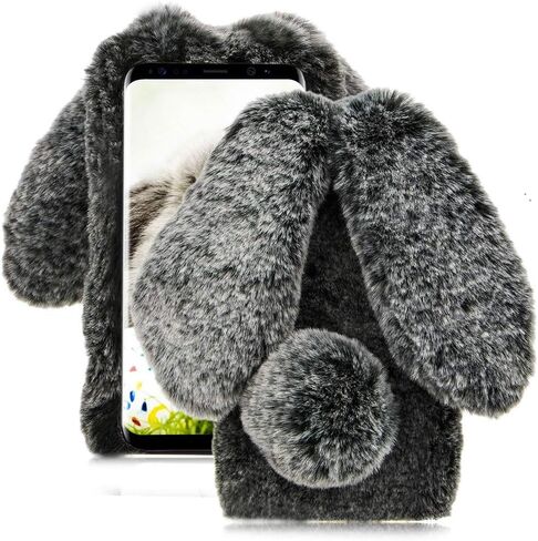 Rabbit Case for Samsung Galaxy S8, Cute 3D Bunny Ears Soft Furry Hairball Fuzzy Winter Warm Faux Fur Plush Fluffy Flexible TPU Bumper Protective Skin Cover for Women Girls - Purple in Kuwait