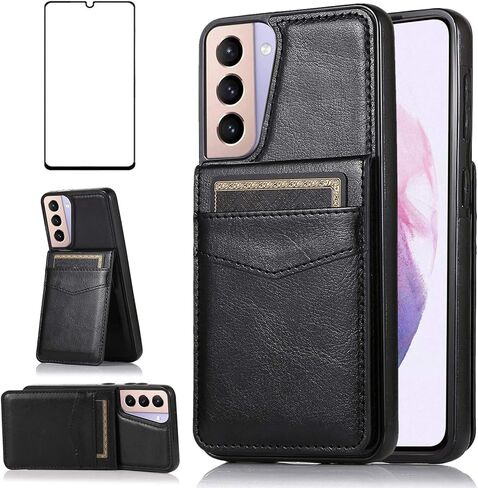 Phone Case for Samsung Galaxy S21 Plus Glaxay S21+ 5G with Tempered Glass Screen Protector and Credit Card Holder Wallet Cover Stand Leather Cell Gaxaly S21+5G S21plus 21S + S 21 21+ G5 Cases Blue in Kuwait