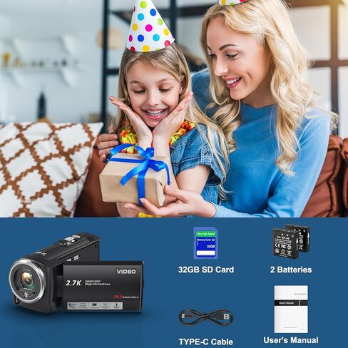 Camcorder Video Camera 2.7K 50MP 16X Digital Zoom Vlogging Camera with LED Fill Light for YouTube, 2.8 Inch LCD Screen Camcorder with 32GB SD Card, 2 Batteries in Saudi Arabia