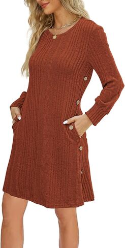 Long Sleeve Tunic Dress for Women Crew Neck Casual Dresses with Pockets Button Side Fall Winter Outfits S-2XL in Kuwait