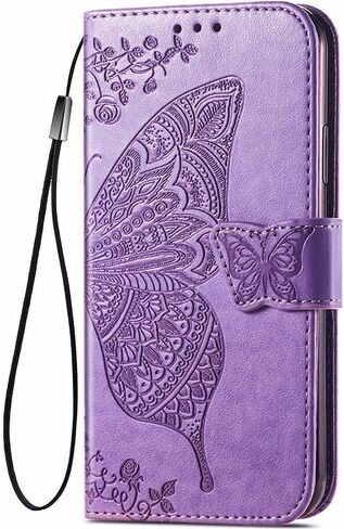 for Samsung Galaxy S24 5G Wallet Case, Embossed Butterfly Premium PU Leather [Kickstand] [Card Slots] [Wrist Strap] [6.2 inch] Phone Cover for Samsung S24 (A1-Lavender) in Kuwait