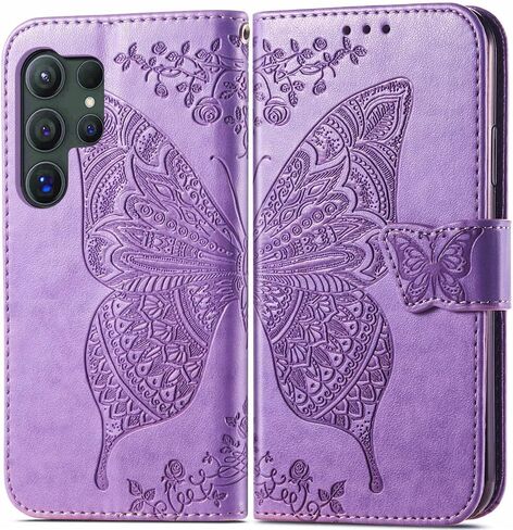 for Samsung Galaxy S24 5G Wallet Case, Embossed Butterfly Premium PU Leather [Kickstand] [Card Slots] [Wrist Strap] [6.2 inch] Phone Cover for Samsung S24 (A1-Lavender) in Kuwait