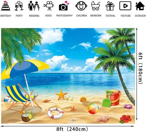 Tropical Beach Backdrop Hawaiian Beach Theme Party Photography Summer Vacation Indoor Outdoor Party Supplies(7×5FT) in Kuwait