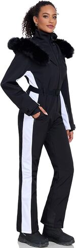 GS SNOWING Women's Ski Suit One Piece Snowsuits Insulated Waterproof Windproof Slim Winter Outdoor Onesies Ski Outfits Jumpsuits #02White+Black L in Kuwait
