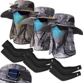 Geyoga 3 Set Solar Sun Hat Oversized Fishing Hat with Fan Bucket with Protective Arm Sleeves Removable UV Protection UPF 50+ Sun Protection Wide Brim Sports Summer Cap for Men Women