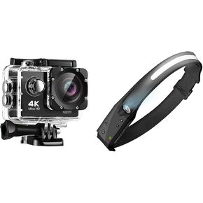 Pro Xtreme 4K Action Camera - Ultra HD Waterproof Camera Video Camera with Wi-Fi, 170° Wide Angle Lens and Tactical Headlight - 230° Wide Beam LED Tactical Headlamp, Rechargeable USB-C Headlight with