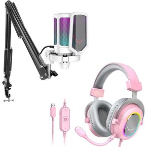 FIFINE Streaming Gaming USB Microphone Kit and PC Gaming Headset with 7.1 Surround Sound,Condenser RGB Mic,Plug and Play,Computer RGB Over-Ear Headphones for PS4/PS5,for Streaming/Game Voice(A6TW+H6P)