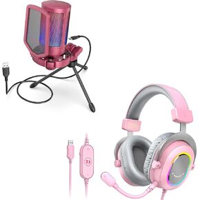 FIFINE AmpliGame PC Gaming Streaming USB Microphone and PC Gaming Headset,Condenser RGB Mic with Pop Filter,Shock Mount,Computer RGB Over-Ear Headphones with 7.1 Surround Sound for PS4/PS5(A6R+H6P)