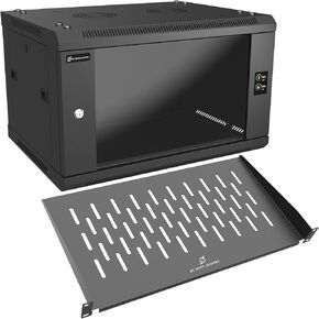 6U Wall Mount Rack Server Rack Enclosure with 2 Cooling Fans, Glass Door, 17.7inch Deep & 1U 10inch Deep Server Rack Shelf