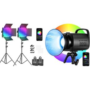 NEEWER 2 Packs 660 PRO RGB LED Video Light with App Control Stand Kit, 360° Full Color, 50W with CB60 RGB 70W LED Video Light App Control, Bowens Mount COB Full Color Continuous Output Lighting