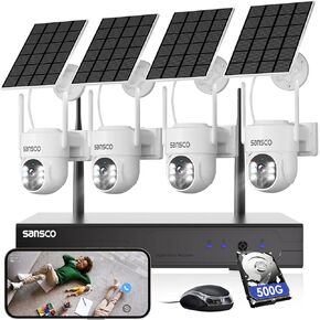 SANSCO Wire-Free Solar Battery Powered Security Camera System, 10 Channel 2K NVR Recorder with 500GB Hard Drive, (4) 4MP Outdoor WiFi Pan Tilt Zoom Camera with Solar Panel, 2 Way Audio, Night Vision