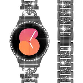 Watbro Metal Watch Band Compatible with Samsung Galaxy Watch 4&5&6 40mm 44mm, 20mm Band with Glitter Screen Protector Case, Luxury Bling D-Shape watch strap for Women