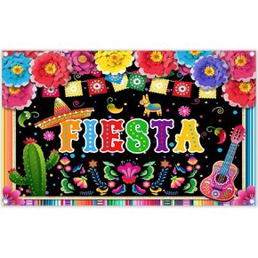 ZTHMOE 72x43inch Fabric Mexican Fiesta Backdrop Cinco De Mayo Colorful Flags Flowers Photography Background Birthday Party Decorations Photo Banner Booth Props