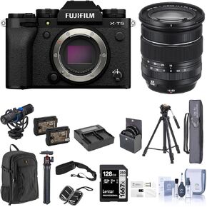 Fujifilm X-T5 Mirrorless Camera, Black with XF 16-80mm f/4.0 R OIS WR Lens, 128GB SD Card, Backpack, 2X Battery, Dual Charger, Camera Strap, Aluminum Tripod, Mic, and Accessories
