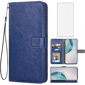 Asuwish Compatible with OnePlus 9 OnePlus9 5G Wallet Case Tempered Glass Screen Protector Leather Flip Cover Card Holder Stand Cell Phone Cases for One Plus9 On 1 Plus 1plus One+ 1+ 1+9 Nine Blue