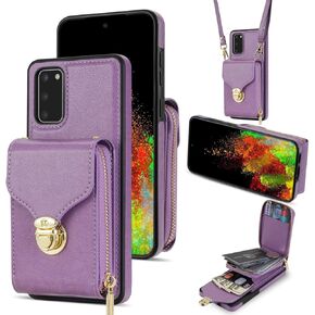 Compatible with Samsung Galaxy S20 FE 5G 6.5inch Wallet Case Crossbody Strap Leather Zipper Credit Card Holder Clasp Stand Phone Cover for S 20 EF UW S20FE5G S20FE 20S S2O Fan Edition 4G G5 Purple