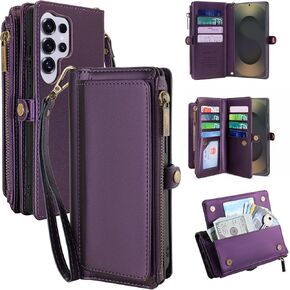 MInCYB Compatible with Samsung Galaxy S25 Ultra Wallet Case, Crossbody Strap PU Leather Folio Phone Cover, RFID Blocking Zipper Handbag Purse with Card Holder Lanyard for Galaxy S25 Ultra. Black