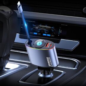 Retractable Car Charger,Topume 60W Fast Charging USB C Car Charger,Retractable Cable 2.9FT[Type C Cable] and Colorful Ambient Lighting car Adapter for iPhone 16/15/15 Pro Max/14/13/12/11,for Galaxy