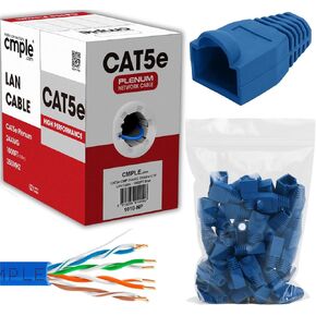 Cmple - Blue Cat5e Ethernet Cable 1000ft Bulk Unshielded Twisted Pair (UTP), Solid 24AWG + 50 Pack Blue RJ45 Strain Relief Boots for Ethernet RJ45 LAN Cable Bundle