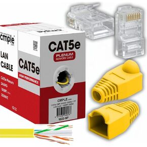 Cmple - Yellow Plenum Cat 5e Ethernet Cable 1000ft 350MHz Outdoor + 50 Pack Yellow RJ45 Strain Relief Boots + 100 Pack RJ45 Gold-Plated Crimp Connectors for Networking