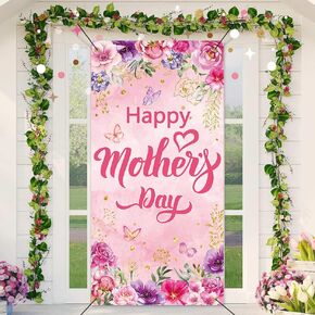 Happy Mother's Day Door Cover Thanks Mama Photography Backdrop Pink Floral I Love Mom Banner for Queen Women's Day Mothers Day Party Decorations Supplies (36x72 inch (3x6FT))
