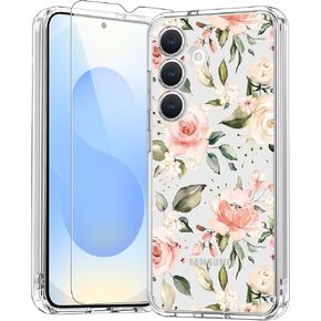 bicol for Samsung Galaxy S25 Case with Screen Protector,Enhanced Camera Protection,Clear Cover with Trendy Designs for Girls Women,Slim Fit Protective Phone Case,Blooming Flowers