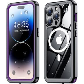 SPIDERCASE Magnetic for iPhone 14 Pro Max Case Waterproof,Built-in Screen & Camera Lens Protector[IP68 Underwater] [Military Grade Shockproof] Full Body Protection Phone Case,Black/Clear