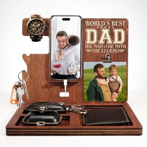 Worlds Best Dad Gifts, Phone Docking Station for Dad with Photo Clip, Nightstand Organizer for Men, Fathers Day Desk Gifts, Wooden Docking Station Men, Dad Gifts, Dad Birthday Gift