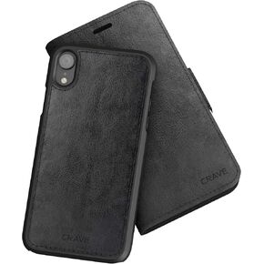 iPhone XR Leather Wallet Case, Crave Vegan Leather Guard Removable Case for Apple iPhone XR (6.1 Inch) - Black