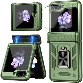Z Flip 6 Case with Ring & Cover Screen Protector for Samsung Galaxy Z Flip 6 Phone Case Hinge Protection Shockproof Protective Hard Cover Magnetic Kickstand Compatible Car Mount, Green