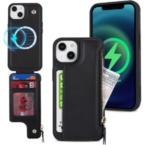 for iPhone 15 Magsafe Case with Card Holder,Wallet Phone Case for Men Women,Zipper PU Leather Cover,Snap Clasp,Purse Gift for iPhone 15 6.1" (Black)
