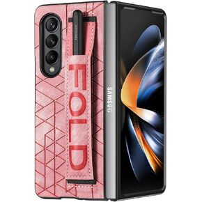 Omio Designed for Samsung Galaxy Z Fold 3 Leather Case with S Pen Holder & Strap, Wrist Strap Leather Back Cover Hard PC Shockproof Finger Grip Case for Galaxy Z Fold 3 Men Women Girls, Purple