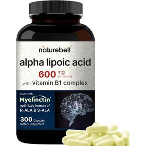 NatureBell Alpha Lipoic Acid 600mg Per Serving | 300 Capsules - with Vitamin B1 Complex | 4 in 1 - [R-ALA | S-ALA | Thiamine | Benfotiamine] - High Bioavailability, Third Party Tested | Non-GMO