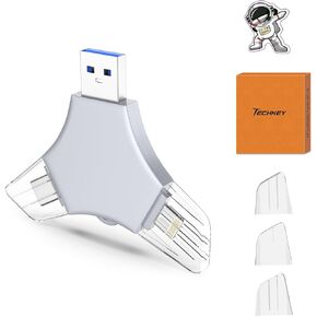 USB 3.0 Flash Drive 64gb for iPhone, 3in1 External Memory Picture Keeper Storage Stick for Photo/Video/Data Saver/Backup, V7.11High Speed Thumb Drives for iPhone/iPad/Android/PC - Silver