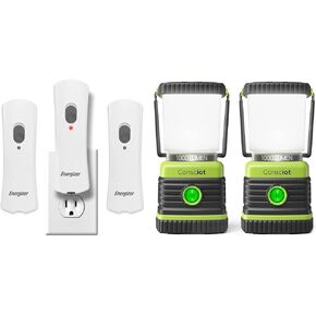 Energizer LED Rechargeable Plug-in Flashlights Emergency Home Power Failure Light (3-Pack) + LED Camping Lantern, 1000LM, 4 Light Modes, IPX4 Waterproof Tent Lights (2-Pack)