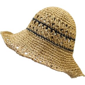 Crochet Womens Straw Sun Hat, Foldable Summer Beach Sun Hats, Wide Brim Bucket Hat for Women
