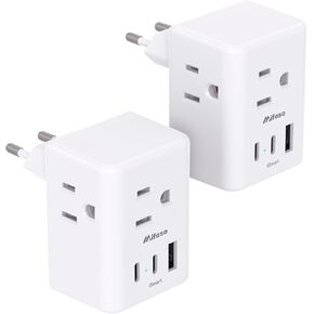 2 Pack European Travel Plug Adapter, International Power Plug Adapter with 3 Outlets 3 USB Charging Ports(2 USB C), Type C Plug Adapter Travel Essentials to Most Europe EU Spain Italy France Germany in Kuwait