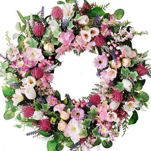 Egolot 24 Inch Spring Summer Colorful Flower Wreath for Front Door, Forsythia Lavender Wild Flowers Wreath for Home Decor, Colorful Wild Flowers with Green Leaves Wreath for Everyday in Kuwait