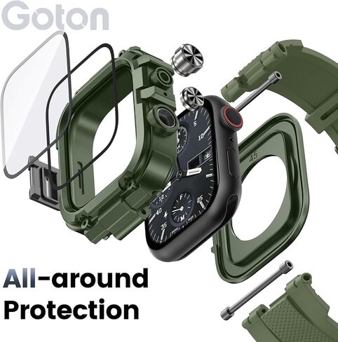 Goton Waterproof Case with Band Compatible for Apple Watch Bands 45mm 44mm Series 9 8 7 6 5 4 SE with Screen Protector, Rugged Face Cover Back Bumper Sport Strap for iWatch 45 44 mm Men in Saudi Arabia