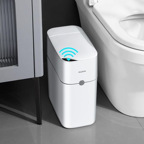 JOYBOS Small Bathroom Trash Cans with Lids,3.8 Gallon Slim White Plastic Automatic Garbage Can,Narrow Motion Sensor Waterproof Trash Bin for Bedroom, Toilet,Office in Saudi Arabia