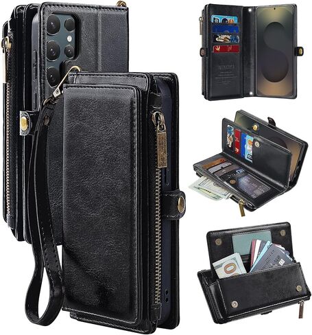 MInCYB Compatible with Samsung Galaxy S25 Ultra Wallet Case, Crossbody Strap PU Leather Folio Phone Cover, RFID Blocking Zipper Handbag Purse with Card Holder Lanyard for Galaxy S25 Ultra. Black in Kuwait