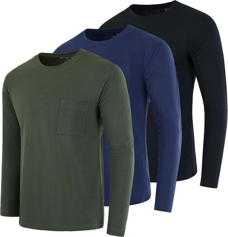 Real Essentials 3 Pack: Men's Cotton Long Sleeve Crew Neck T-Shirt with Pocket - Soft Work Casual Jersey Tees (Big & Tall) in Kuwait