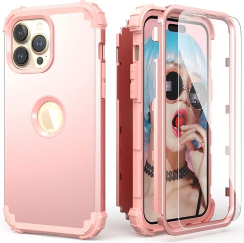 IDweel for iPhone 14 Pro Max Case,for iPhone 14 Pro Max with Screen Protector for Women, 3 in 1 Shockproof Slim Fit Hybrid Heavy Duty Hard PC Cover Soft Silicone Bumper Full Body Case,Rose Gold in Saudi Arabia
