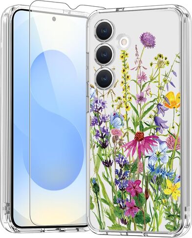 bicol for Samsung Galaxy S25 Case with Screen Protector,Enhanced Camera Protection,Clear Cover with Trendy Designs for Girls Women,Slim Fit Protective Phone Case,Blooming Flowers in Kuwait