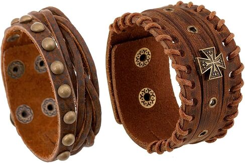 Handmade Leather Bracelet Punk Wristband Set Adjustable Cuff Buckle Belt (Rivet) in Saudi Arabia